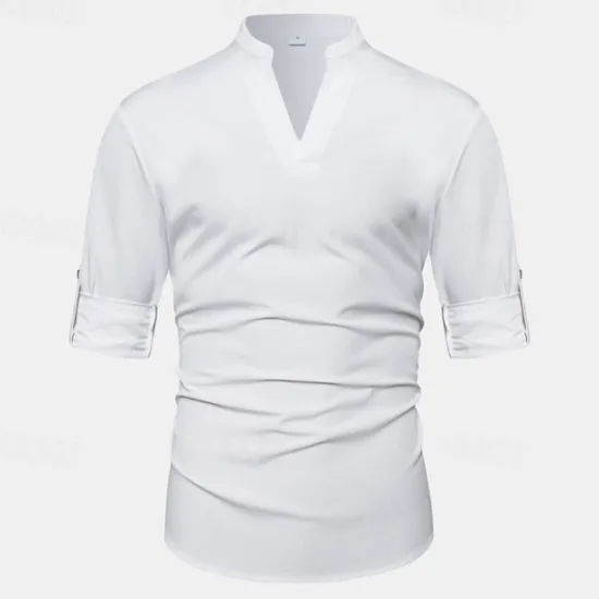 New OUKU Men's Shirt Linen Shirt Summer Shirt Beach Shirt Plain Vacation Hawaiian Long Sleeve V Neck Spring & Fall Clothing Apparel Button-Down White