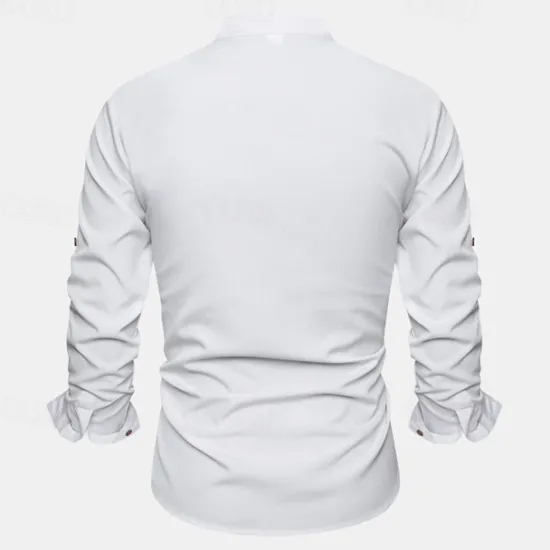New OUKU Men's Shirt Linen Shirt Summer Shirt Beach Shirt Plain Vacation Hawaiian Long Sleeve V Neck Spring & Fall Clothing Apparel Button-Down White