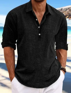 Clearance OUKU Men's Shirt Linen Shirt Summer Shirt Beach Wear Plain Vacation Casual Black White Blue Green Long Sleeve Lapel Spring & Summer Clothing Apparel