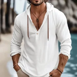Best OUKU Men's Shirt Linen Shirt Summer Shirt Beach Wear Plain Vacation Curise White Blue Brown Green Long Sleeve Hooded Spring & Summer Clothing Apparel
