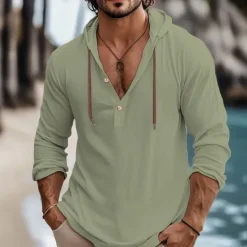 Best OUKU Men's Shirt Linen Shirt Summer Shirt Beach Wear Plain Vacation Curise White Blue Brown Green Long Sleeve Hooded Spring & Summer Clothing Apparel