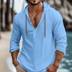 Best OUKU Men's Shirt Linen Shirt Summer Shirt Beach Wear Plain Vacation Curise White Blue Brown Green Long Sleeve Hooded Spring & Summer Clothing Apparel