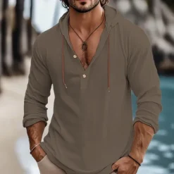 Best OUKU Men's Shirt Linen Shirt Summer Shirt Beach Wear Plain Vacation Curise White Blue Brown Green Long Sleeve Hooded Spring & Summer Clothing Apparel