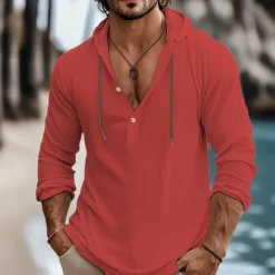 Best OUKU Men's Shirt Linen Shirt Summer Shirt Beach Wear Plain Vacation Curise White Blue Brown Green Long Sleeve Hooded Spring & Summer Clothing Apparel