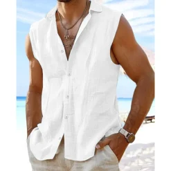 Outlet OUKU Men's Shirt Linen Shirt Summer Shirt Beach Wear Button Up Shirt Plain Vacation Curise White Pink Light Blue Sleeveless Collar Summer Spring Clothing Apparel