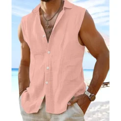 Outlet OUKU Men's Shirt Linen Shirt Summer Shirt Beach Wear Button Up Shirt Plain Vacation Curise White Pink Light Blue Sleeveless Collar Summer Spring Clothing Apparel