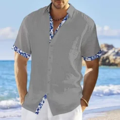 Hot OUKU Men's Shirt Linen Shirt Summer Shirt Beach Shirt White Pink Navy Blue Short Sleeve Floral Lapel Summer Casual Daily Clothing Apparel