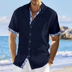 Hot OUKU Men's Shirt Linen Shirt Summer Shirt Beach Shirt White Pink Navy Blue Short Sleeve Floral Lapel Summer Casual Daily Clothing Apparel