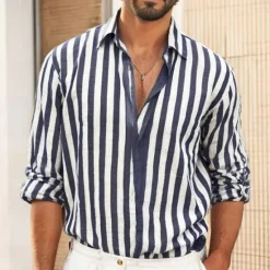 Outlet OUKU Men's Shirt Linen Shirt Summer Shirt Beach Shirt Cotton Linen Shirt Striped Shirts Striped Vacation Hawaiian Yellow Red Blue Green Long Sleeve Turndown Spring & Fall Clothing Apparel Button-Down