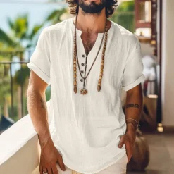 New OUKU Men's Shirt Linen Shirt Summer Shirt Beach Shirt Solid Color Vacation Curise Black Beige Short Sleeve Band Collar Summer Spring Clothing Apparel Buttons