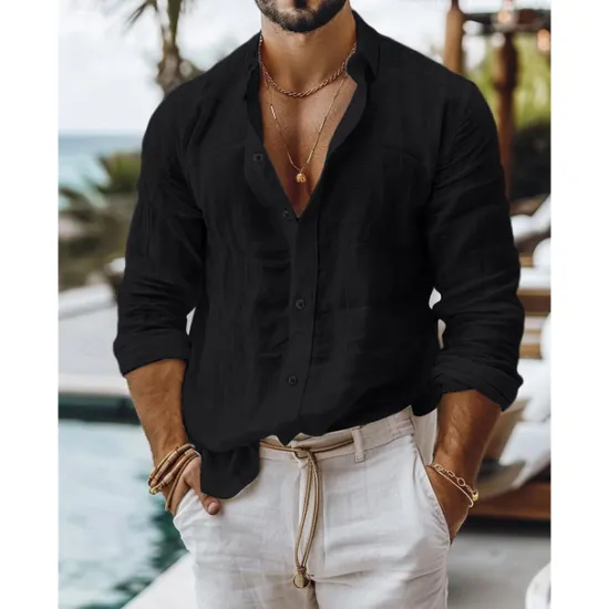 New OUKU Men's Shirt Linen Shirt Summer Shirt Beach Wear Button Up Shirt Plain Casual Daily Black White Pink Blue Long Sleeve Collar Spring & Summer Clothing Apparel