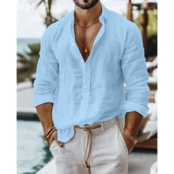 New OUKU Men's Shirt Linen Shirt Summer Shirt Beach Wear Button Up Shirt Plain Casual Daily Black White Pink Blue Long Sleeve Collar Spring & Summer Clothing Apparel