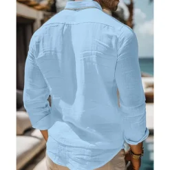 New OUKU Men's Shirt Linen Shirt Summer Shirt Beach Wear Button Up Shirt Plain Casual Daily Black White Pink Blue Long Sleeve Collar Spring & Summer Clothing Apparel