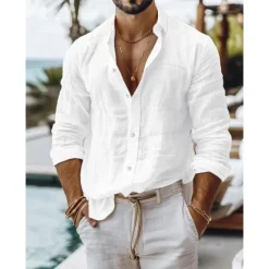 New OUKU Men's Shirt Linen Shirt Summer Shirt Beach Wear Button Up Shirt Plain Casual Daily Black White Pink Blue Long Sleeve Collar Spring & Summer Clothing Apparel