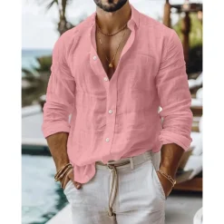 New OUKU Men's Shirt Linen Shirt Summer Shirt Beach Wear Button Up Shirt Plain Casual Daily Black White Pink Blue Long Sleeve Collar Spring & Summer Clothing Apparel