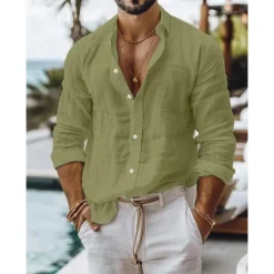 New OUKU Men's Shirt Linen Shirt Summer Shirt Beach Wear Button Up Shirt Plain Casual Daily Black White Pink Blue Long Sleeve Collar Spring & Summer Clothing Apparel