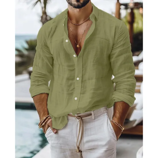 New OUKU Men's Shirt Linen Shirt Summer Shirt Beach Wear Button Up Shirt Plain Casual Daily Black White Pink Blue Long Sleeve Collar Spring & Summer Clothing Apparel