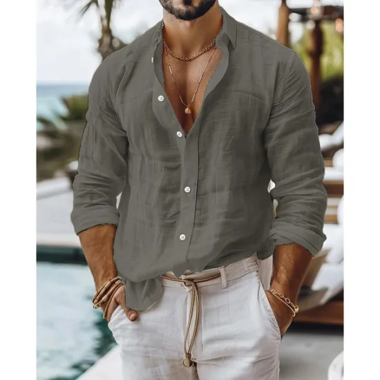 New OUKU Men's Shirt Linen Shirt Summer Shirt Beach Wear Button Up Shirt Plain Casual Daily Black White Pink Blue Long Sleeve Collar Spring & Summer Clothing Apparel