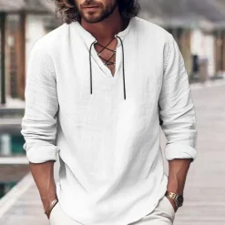 OUKU Men's Shirt Linen Shirt Viking Style Pirate Shirt Summer Shirt Beach Wear Black White Pink Blue Long Sleeve Plain V Neck Spring & Summer Casual Daily Clothing Apparel Lace up