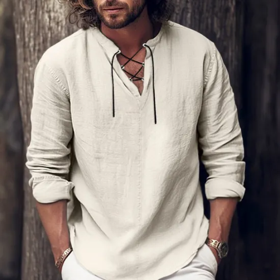 OUKU Men's Shirt Linen Shirt Viking Style Pirate Shirt Summer Shirt Beach Wear Black White Pink Blue Long Sleeve Plain V Neck Spring & Summer Casual Daily Clothing Apparel Lace up