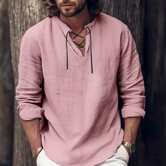 OUKU Men's Shirt Linen Shirt Viking Style Pirate Shirt Summer Shirt Beach Wear Black White Pink Blue Long Sleeve Plain V Neck Spring & Summer Casual Daily Clothing Apparel Lace up