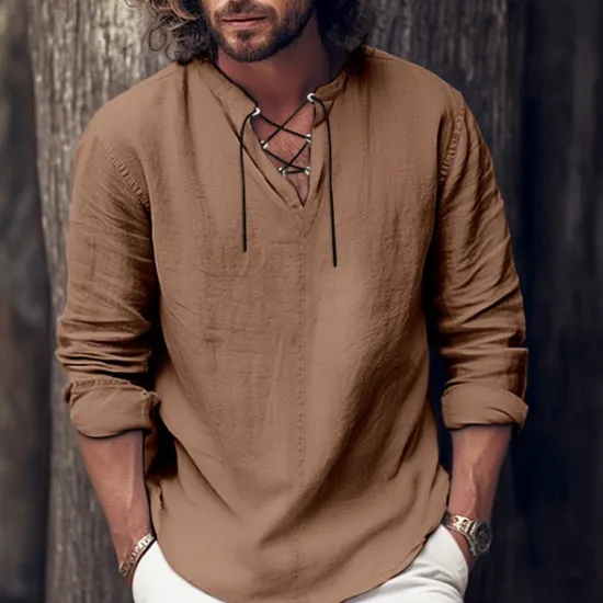 OUKU Men's Shirt Linen Shirt Viking Style Pirate Shirt Summer Shirt Beach Wear Black White Pink Blue Long Sleeve Plain V Neck Spring & Summer Casual Daily Clothing Apparel Lace up