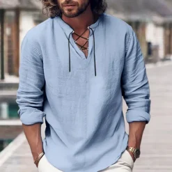 OUKU Men's Shirt Linen Shirt Viking Style Pirate Shirt Summer Shirt Beach Wear Black White Pink Blue Long Sleeve Plain V Neck Spring & Summer Casual Daily Clothing Apparel Lace up