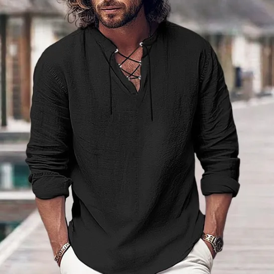 OUKU Men's Shirt Linen Shirt Viking Style Pirate Shirt Summer Shirt Beach Wear Black White Pink Blue Long Sleeve Plain V Neck Spring & Summer Casual Daily Clothing Apparel Lace up