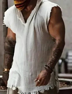 Clearance OUKU Men's Shirt Linen Shirt Viking Style Summer Shirt Beach Wear Plain Vacation Hawaiian White Wine Blue Dark Grey Sleeveless V Neck Summer Clothing Apparel