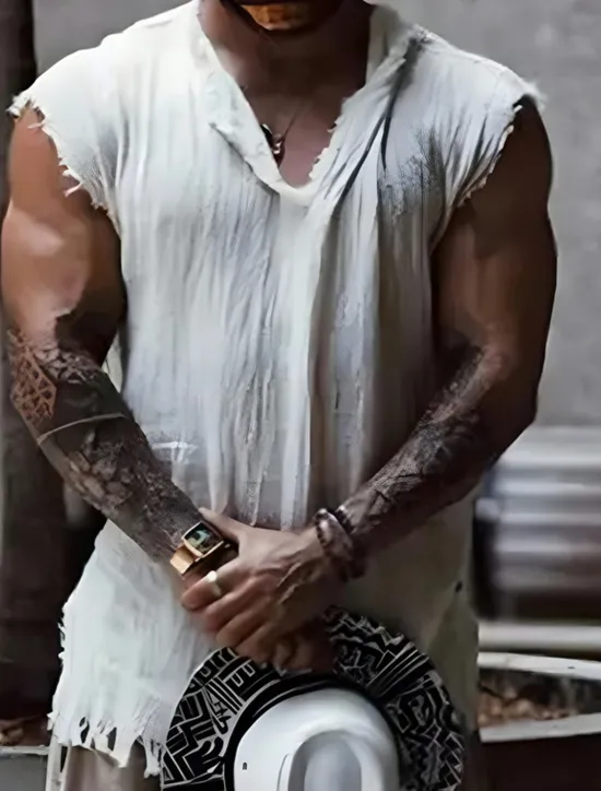 Clearance OUKU Men's Shirt Linen Shirt Viking Style Summer Shirt Beach Wear Plain Vacation Hawaiian White Wine Blue Dark Grey Sleeveless V Neck Summer Clothing Apparel