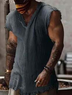 Clearance OUKU Men's Shirt Linen Shirt Viking Style Summer Shirt Beach Wear Plain Vacation Hawaiian White Wine Blue Dark Grey Sleeveless V Neck Summer Clothing Apparel