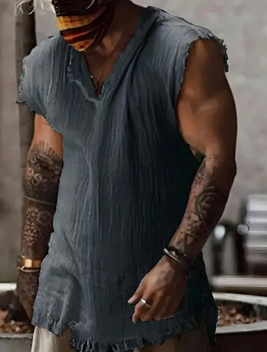 Clearance OUKU Men's Shirt Linen Shirt Viking Style Summer Shirt Beach Wear Plain Vacation Hawaiian White Wine Blue Dark Grey Sleeveless V Neck Summer Clothing Apparel