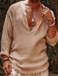 Hot OUKU Men's Shirt Linen Shirt Viking Style Summer Shirt Beach Wear Solid Color Outdoor Street Green Beige Long Sleeve V Neck Summer Spring Clothing Apparel