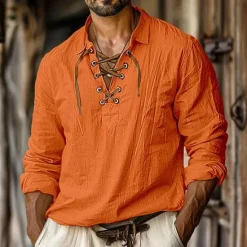 Outlet OUKU Men's Shirt Linen Shirt Viking Style Pirate Shirt Summer Shirt Beach Wear White Orange Green Light Blue Long Sleeve Solid Color Collarless Street Daily Clothing Apparel