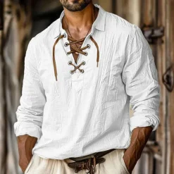 Outlet OUKU Men's Shirt Linen Shirt Viking Style Pirate Shirt Summer Shirt Beach Wear White Orange Green Light Blue Long Sleeve Solid Color Collarless Street Daily Clothing Apparel