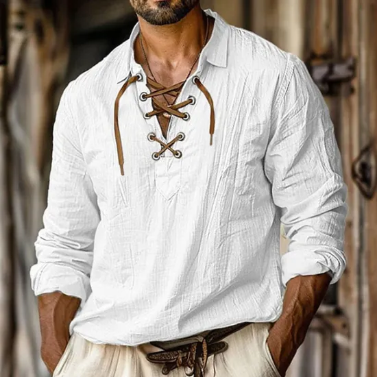 Outlet OUKU Men's Shirt Linen Shirt Viking Style Pirate Shirt Summer Shirt Beach Wear White Orange Green Light Blue Long Sleeve Solid Color Collarless Street Daily Clothing Apparel