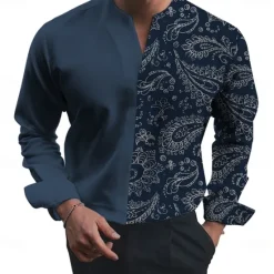 Sale OUKU Men's Shirt Long Sleeve Business Casual Formal Daily Summer Spring Fall V Neck Print Blue