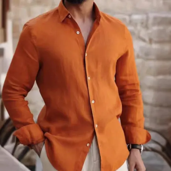 Clearance OUKU Men's Shirt Long Sleeve Casual Shirt Button Up Shirt Plain Beach Shirt Yellow Lapel Button-Down Clothing Apparel Fashion Casual Comfortable Orange