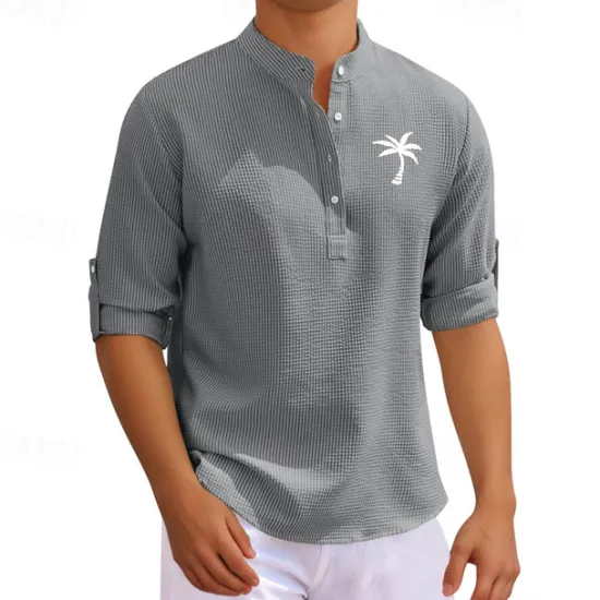 Discount OUKU Men's Shirt Minimalist Aloha Shirt Summer Shirt Casual Shirt Beach Shirt Button Up Shirt Black White Dark Navy Blue Green Long Sleeve Printed Standing Collar Vacation Hawaiian Button-Down Clothing