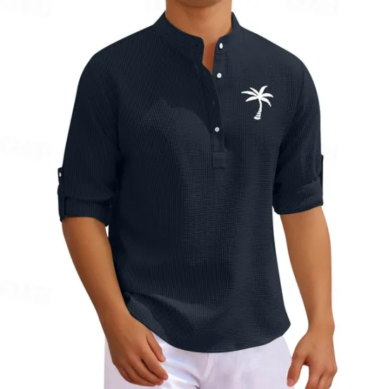 Discount OUKU Men's Shirt Minimalist Aloha Shirt Summer Shirt Casual Shirt Beach Shirt Button Up Shirt Black White Dark Navy Blue Green Long Sleeve Printed Standing Collar Vacation Hawaiian Button-Down Clothing