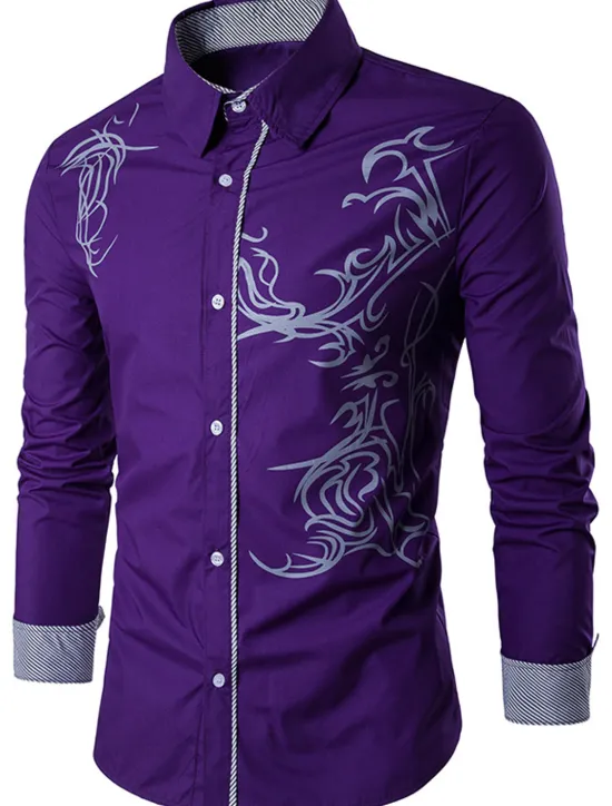 Best OUKU Men's Shirt Patterned Collar Shirt Collar Daily Long Sleeve Tops Business Casual Daily Office / career White Black Purple Party Wedding