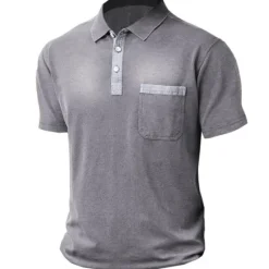 Sale OUKU Men's Shirt Polo Shirt Outdoor Casual Polo Collar Short Sleeve Streetwear Stylish Solid Color Plain Button Front Summer Regular Fit Blue Green Light Grey Coffee Shirt