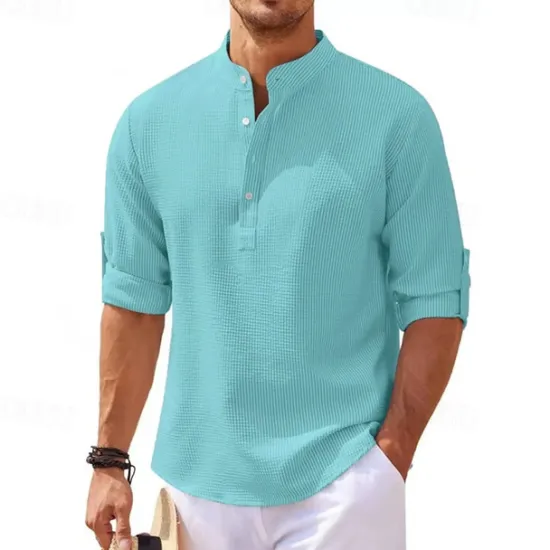 Best OUKU Men's Shirt Popover Shirt Summer Shirt Casual Shirt Beach Shirt Waffle Knit Shirt Black White Blue Sky Blue Army Green Long Sleeve Plain Stand Collar Vacation Hawaiian Buttons Clothing Apparel