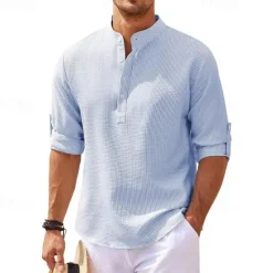 Best OUKU Men's Shirt Popover Shirt Summer Shirt Casual Shirt Beach Shirt Waffle Knit Shirt Black White Blue Sky Blue Army Green Long Sleeve Plain Stand Collar Vacation Hawaiian Buttons Clothing Apparel