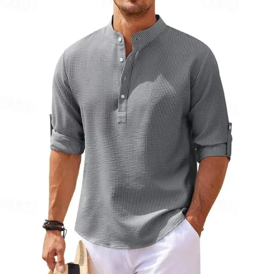Best OUKU Men's Shirt Popover Shirt Summer Shirt Casual Shirt Beach Shirt Waffle Knit Shirt Black White Blue Sky Blue Army Green Long Sleeve Plain Stand Collar Vacation Hawaiian Buttons Clothing Apparel