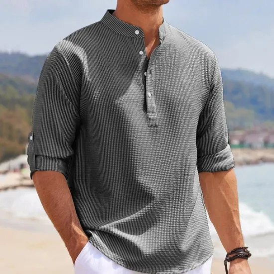 Best OUKU Men's Shirt Popover Shirt Summer Shirt Casual Shirt Beach Shirt Waffle Knit Shirt Black White Blue Sky Blue Army Green Long Sleeve Plain Stand Collar Vacation Hawaiian Buttons Clothing Apparel