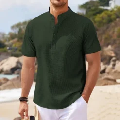 Best OUKU Men's Shirt Popover Shirt Summer Shirt Casual Shirt Beach Shirt Waffle Knit Shirt Black White Blue Sky Blue Army Green Long Sleeve Plain Stand Collar Vacation Hawaiian Buttons Clothing Apparel