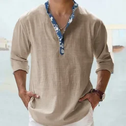 Outlet OUKU Men's Shirt Popover Shirt Summer Shirt Casual Shirt Beach Shirt Black White Pink Orange Green Long Sleeve Floral Print Solid / Plain Color Band Collar Henley Vacation Hawaiian Buckle Clothing Apparel
