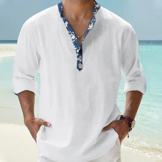 Outlet OUKU Men's Shirt Popover Shirt Summer Shirt Casual Shirt Beach Shirt Black White Pink Orange Green Long Sleeve Floral Print Solid / Plain Color Band Collar Henley Vacation Hawaiian Buckle Clothing Apparel