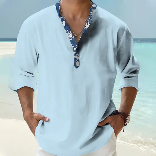Outlet OUKU Men's Shirt Popover Shirt Summer Shirt Casual Shirt Beach Shirt Black White Pink Orange Green Long Sleeve Floral Print Solid / Plain Color Band Collar Henley Vacation Hawaiian Buckle Clothing Apparel